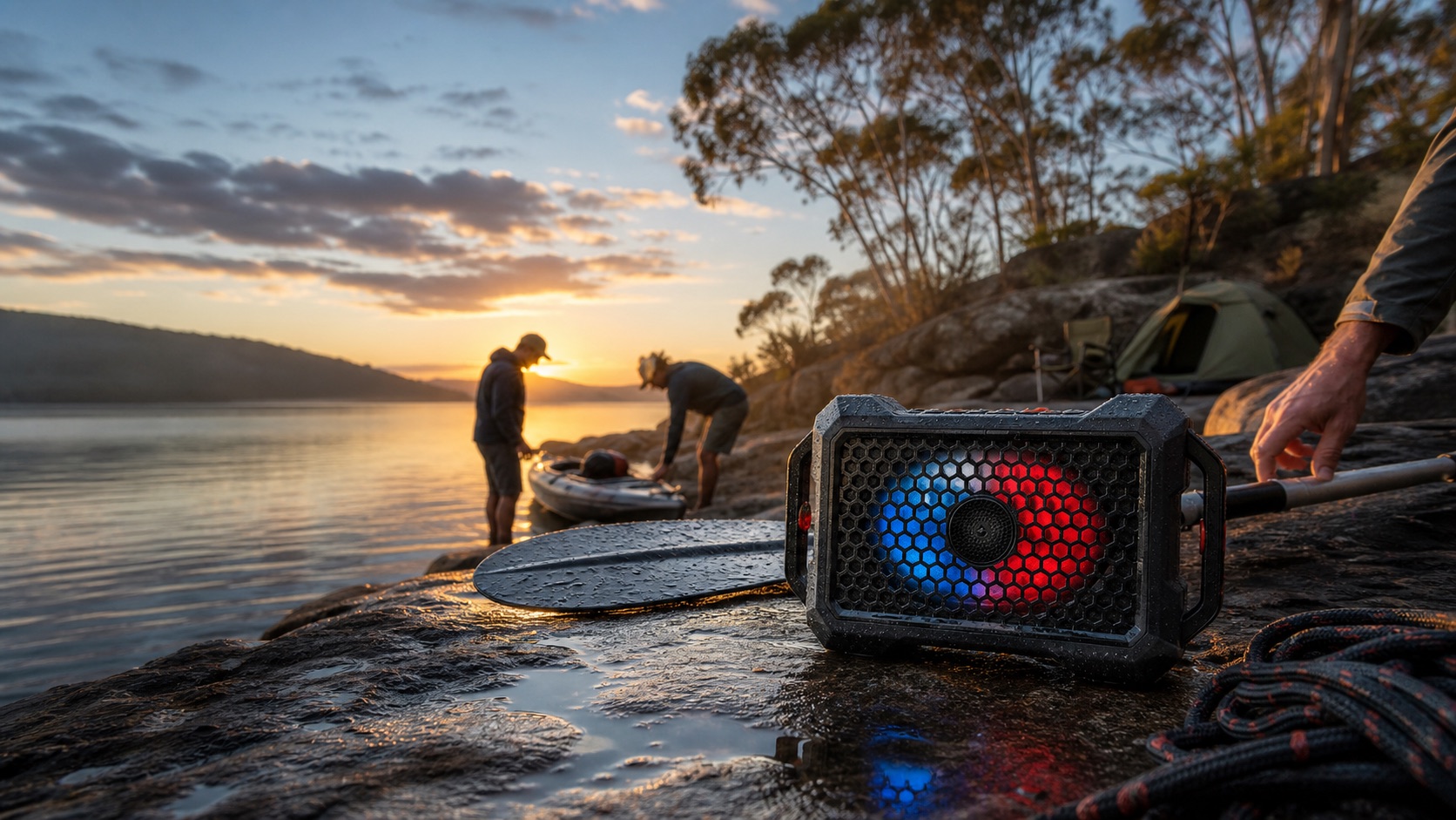 Outdoor speaker beside kayaks at a lakeside campsite